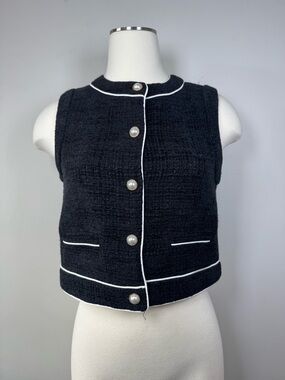 Rachel Zoe Black Tweed Sleeveless Vest with White Trim and Pearl Buttons Small